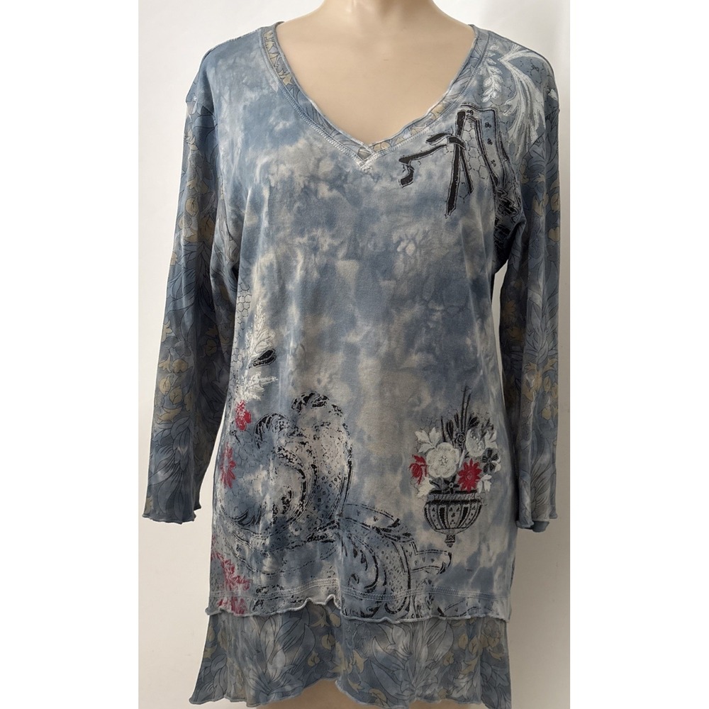 Glima Womens L Top 3/4 Sleeve V-Neck Blue tie dye cool graphic 100% cotton
